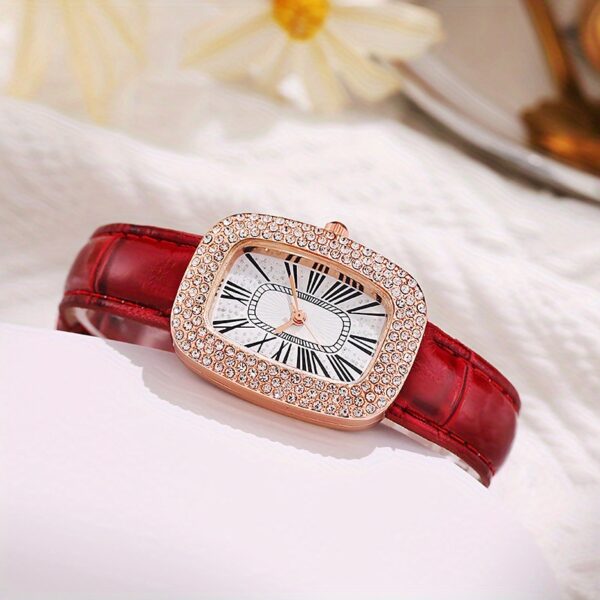 Rhinestone Decor Quartz Watch Elegant Rectangular Pointer Roman Numeral Dial Wristwatch With PU Leather Watchband - Image 9