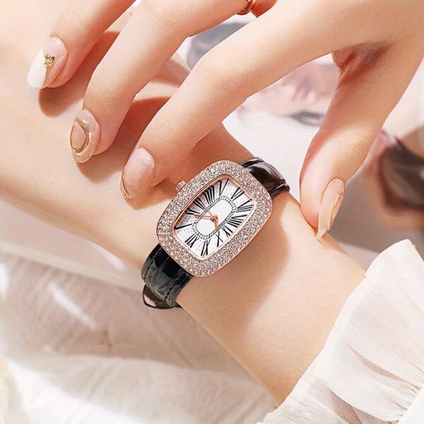 Rhinestone Decor Quartz Watch Elegant Rectangular Pointer Roman Numeral Dial Wristwatch With PU Leather Watchband - Image 7