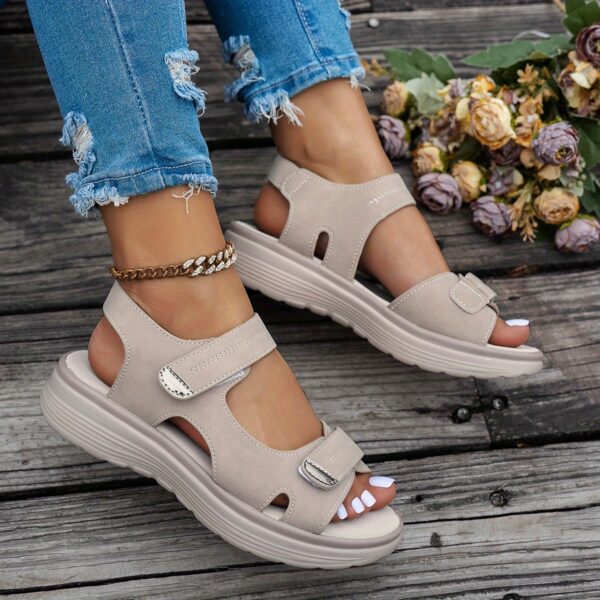 Women's Casual Chunky Heel Sandals - Solid Color, All-Season, Hook-and-Loop Fastener Closure, Round Toe, Faux Cover - Image 6