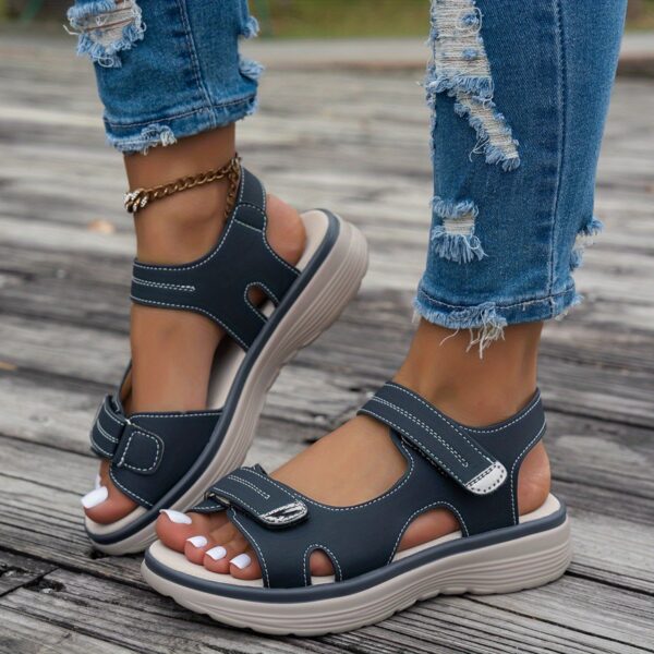 Women's Casual Chunky Heel Sandals - Solid Color, All-Season, Hook-and-Loop Fastener Closure, Round Toe, Faux Cover - Image 7