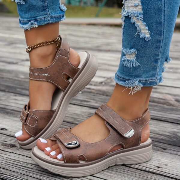 Women's Casual Chunky Heel Sandals - Solid Color, All-Season, Hook-and-Loop Fastener Closure, Round Toe, Faux Cover - Image 9