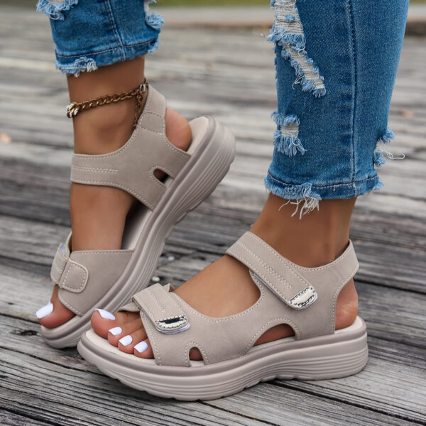 Women's Casual Chunky Heel Sandals - Solid Color, All-Season, Hook-and-Loop Fastener Closure, Round Toe, Faux Cover - Image 5