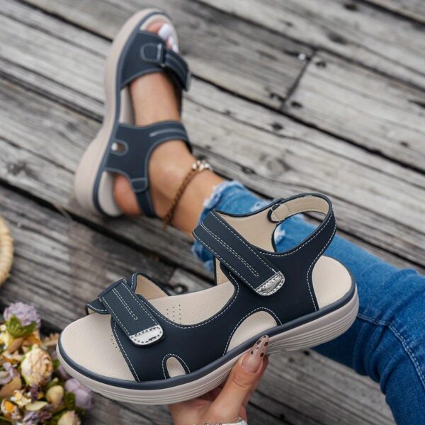 Women's Casual Chunky Heel Sandals - Solid Color, All-Season, Hook-and-Loop Fastener Closure, Round Toe, Faux Cover - Image 4