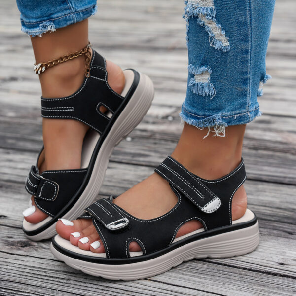 Women's Casual Chunky Heel Sandals - Solid Color, All-Season, Hook-and-Loop Fastener Closure, Round Toe, Faux Cover - Image 3