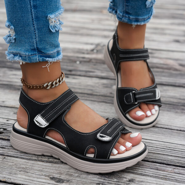 Women's Casual Chunky Heel Sandals - Solid Color, All-Season, Hook-and-Loop Fastener Closure, Round Toe, Faux Cover - Image 14