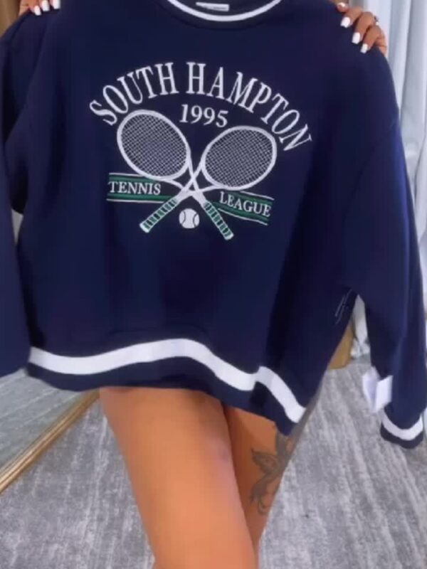 Women'S Elegant Two-Piece Set - "SOUTH AMPHITA Tennis" Print Sweatshirt & Pleated Skirt, Polyester Blend, Crew Neck, All-Season Wear, Casual Attire|Playful Print Top|Polyester Blend - Image 6