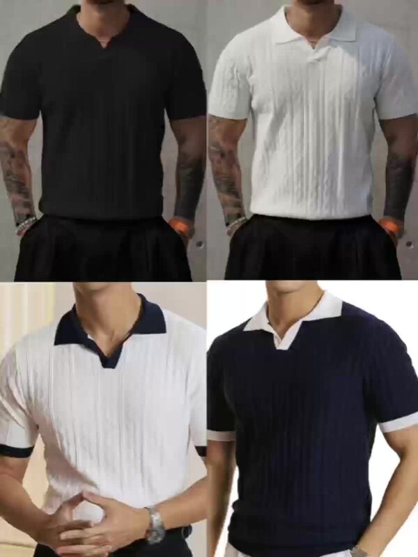 Men's Summer Slim Fit Contrast Collar Short Sleeve Knit Sweater - Lightweight Breathable Casual Pullover, Machine Washable for Office & Social Events, Cute Sweaters, Event Pullover, Medium Stretch Fabric - Image 11