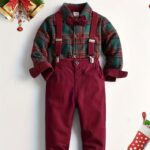 Festive Boys' Christmas Plaid Long-Sleeve Shirt & Maroon Suspender Pants Set - Casual European & American Style, Non-Stretch Polyester, Button-Up Collared Outfit for Fall/Winter, Boy Christmas Outfit