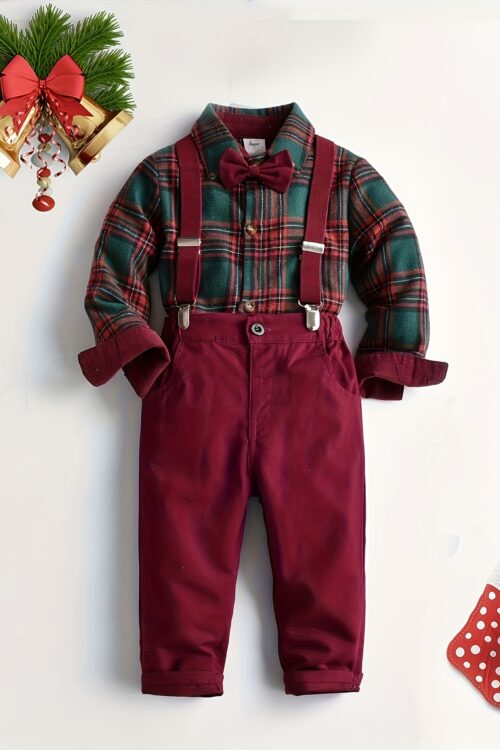 Festive Boys’ Christmas Plaid Long-Sleeve Shirt & Maroon Suspender Pants Set – Casual European & American Style, Non-Stretch Polyester, Button-Up Collared Outfit for Fall/Winter, Boy Christmas Outfit