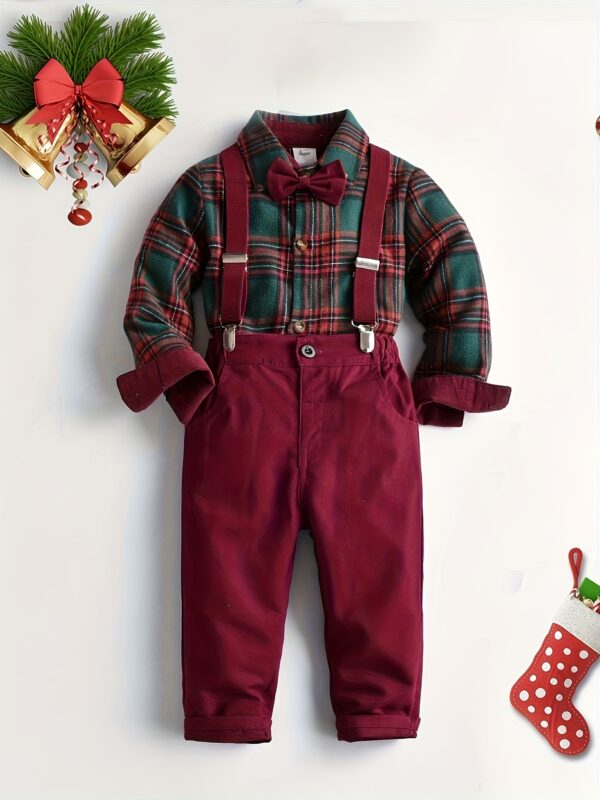 Festive Boys' Christmas Plaid Long-Sleeve Shirt & Maroon Suspender Pants Set - Casual European & American Style, Non-Stretch Polyester, Button-Up Collared Outfit for Fall/Winter, Boy Christmas Outfit