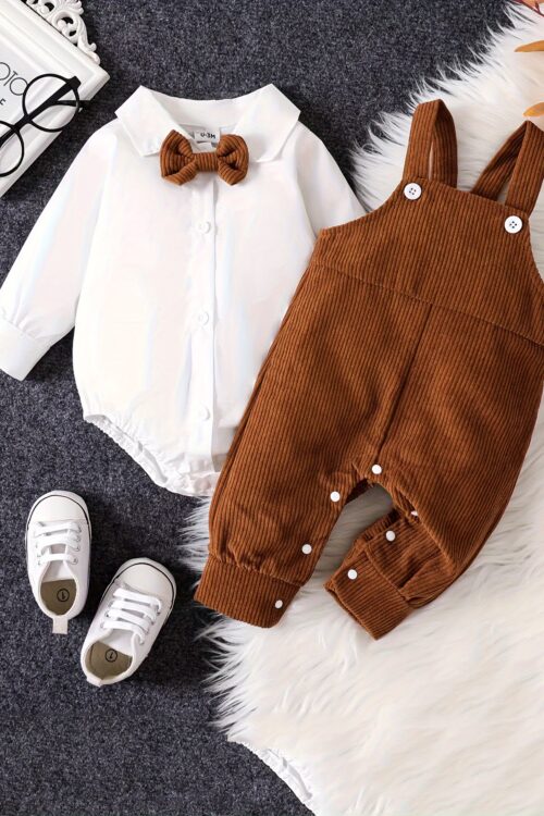 2pcs Toddler Baby Boy Long-sleeved Shirt Romper Top & Trousers Gentleman Set, Kid’s Party Casual Clothes, Spring And Autumn, Outdoor Cloth