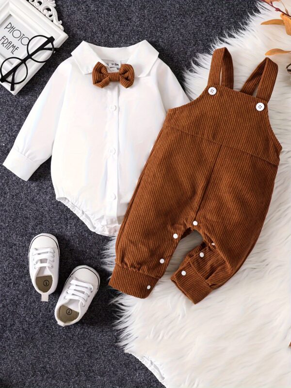 2pcs Toddler Baby Boy Long-sleeved Shirt Romper Top & Trousers Gentleman Set, Kid's Party Casual Clothes, Spring And Autumn, Outdoor Cloth