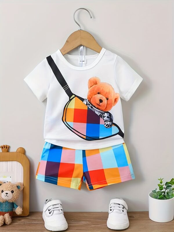 Baby Bear Print Pocket T-Shirt & Plaid Shorts - Image 3