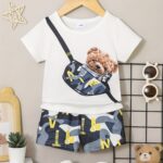 Baby Bear Print Pocket T-Shirt & Plaid Shorts