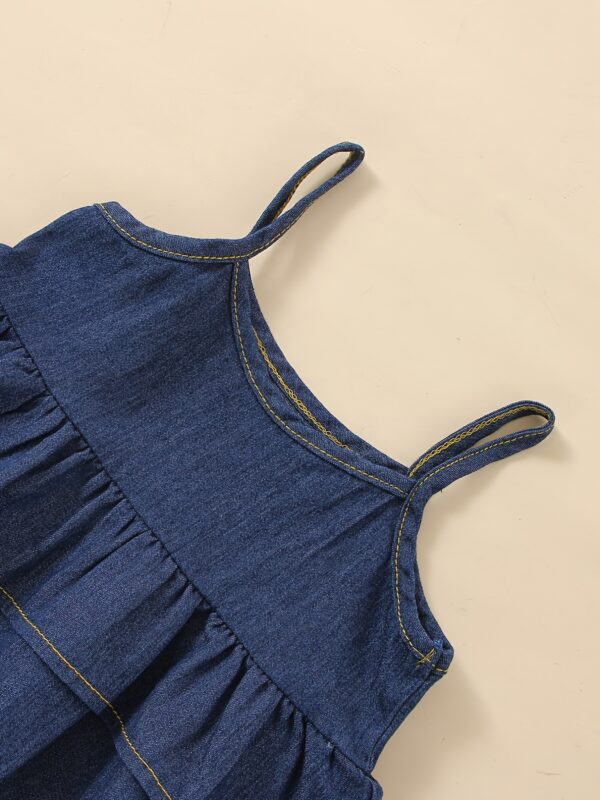 2pcs Girls Denim Ruffled Hem Cami Top & Elastic Waist Wide Leg Jeans Set Kids Summer Outdoor Clothes, Fluid Pant - Image 3