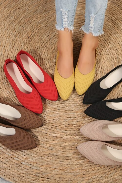 Women’s Pointed Toe Flat Shoes, Solid Color Knitted Slip On Shoes, Casual Breathable Ballet Flats