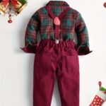 Festive Boys' Christmas Plaid Long-Sleeve Shirt & Maroon Suspender Pants Set - Casual European & American Style, Non-Stretch Polyester, Button-Up Collared Outfit for Fall/Winter, Boy Christmas Outfit - Image 3