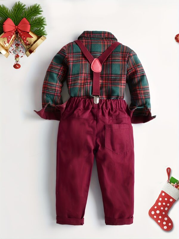 Festive Boys' Christmas Plaid Long-Sleeve Shirt & Maroon Suspender Pants Set - Casual European & American Style, Non-Stretch Polyester, Button-Up Collared Outfit for Fall/Winter, Boy Christmas Outfit - Image 3