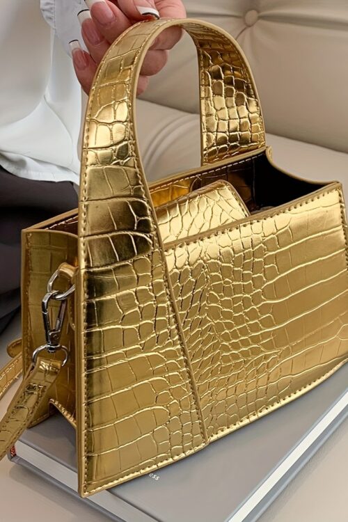 Luxurious Crocodile Print Synthetic Leather Handbag for Women – Golden Animal Print, Snap Button Closure, Synthetic Lining, Perfect for Formal & Casual Occasions