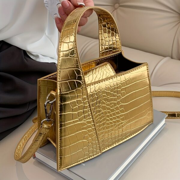 Luxurious Crocodile Print Synthetic Leather Handbag for Women - Golden Animal Print, Snap Button Closure, Synthetic Lining, Perfect for Formal & Casual Occasions