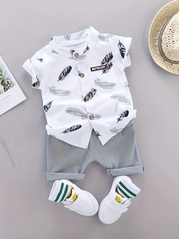 Toddler Summer Feather Print Shirt Shorts Set, for Outdoor - Image 4