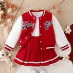 Preppy Style Girls 2pcs BABY GIRL Print Baseball Jacket + Pleated Skirt Outdoor Set For Party Sports Gift - Image 4