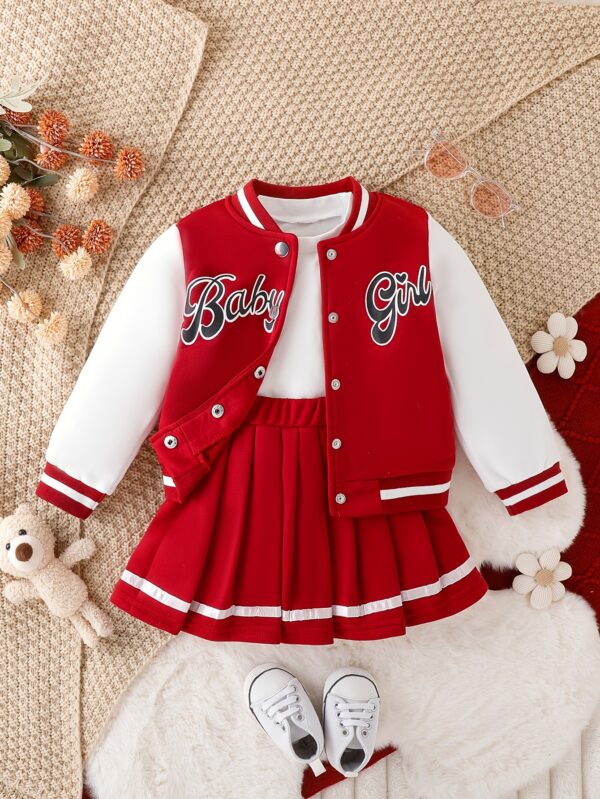 Preppy Style Girls 2pcs BABY GIRL Print Baseball Jacket + Pleated Skirt Outdoor Set For Party Sports Gift - Image 4