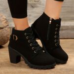 Women's Chunky Heel Short Boots, Fashion Lace Up Side Zipper Boots, Comfortable Ankle Boots - Image 3