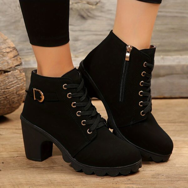 Women's Chunky Heel Short Boots, Fashion Lace Up Side Zipper Boots, Comfortable Ankle Boots - Image 3