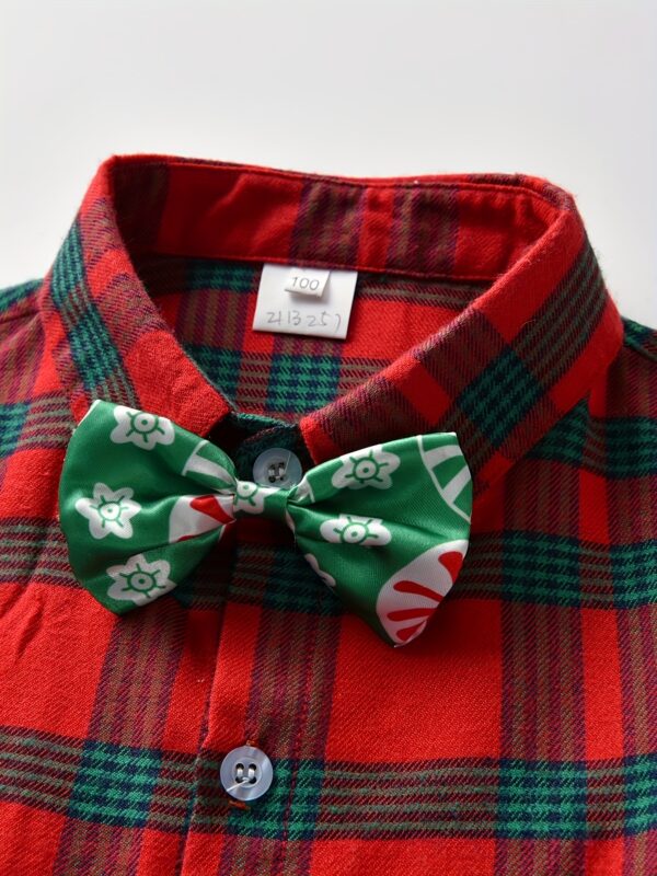 Festive Boys' Christmas Plaid Long-Sleeve Shirt & Maroon Suspender Pants Set - Casual European & American Style, Non-Stretch Polyester, Button-Up Collared Outfit for Fall/Winter, Boy Christmas Outfit - Image 8