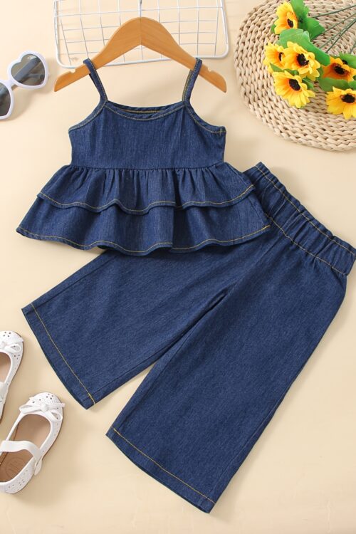 2pcs Girls Denim Ruffled Hem Cami Top & Elastic Waist Wide Leg Jeans Set Kids Summer Outdoor Clothes, Fluid Pant