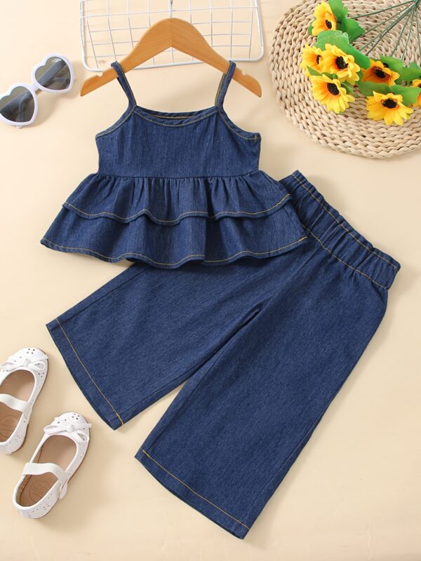 2pcs Girls Denim Ruffled Hem Cami Top & Elastic Waist Wide Leg Jeans Set Kids Summer Outdoor Clothes, Fluid Pant
