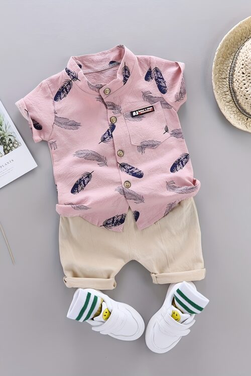 Toddler Summer Feather Print Shirt Shorts Set, for Outdoor