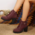 Women's Chunky Heel Short Boots, Fashion Lace Up Side Zipper Boots, Comfortable Ankle Boots - Image 7