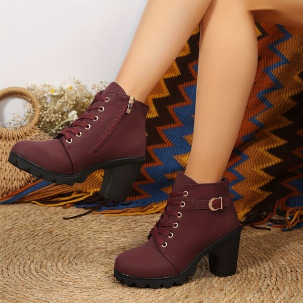 Women's Chunky Heel Short Boots, Fashion Lace Up Side Zipper Boots, Comfortable Ankle Boots - Image 7