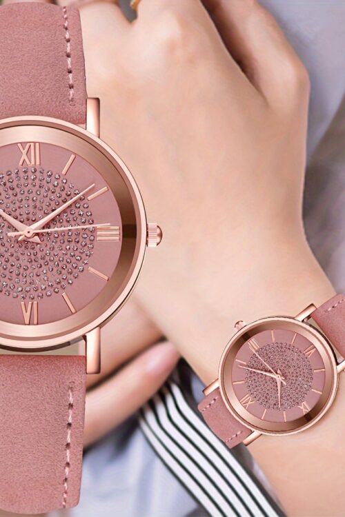 Ladies Casual Quartz Watch with Rhinestone Embellishments, Round Case, Analog Display, Band, Button Battery, Non-Rechargeable