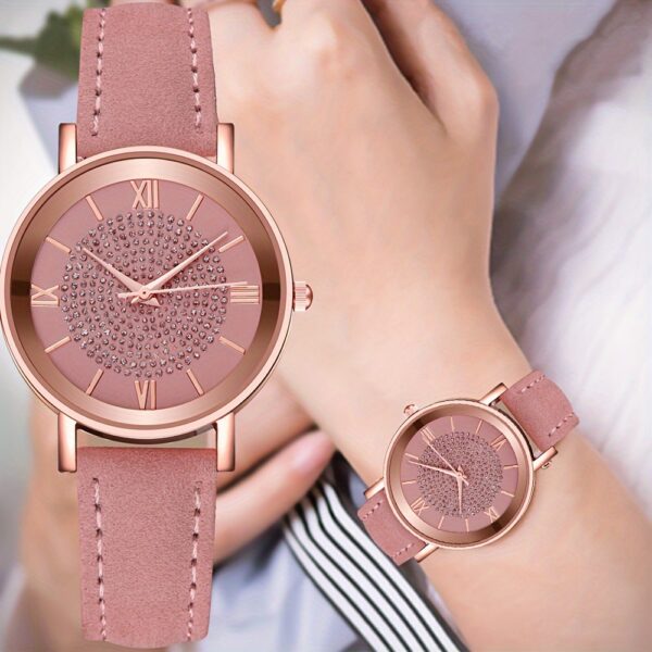 Ladies Casual Quartz Watch with Rhinestone Embellishments, Round Case, Analog Display, Band, Button Battery, Non-Rechargeable