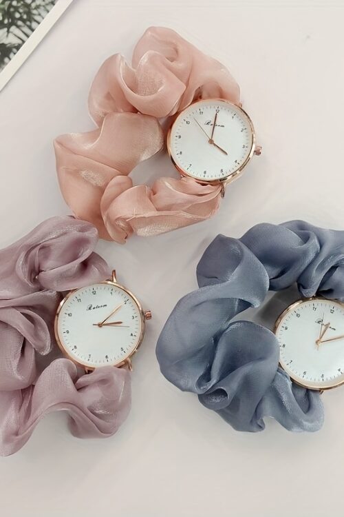 Cute Round Quartz Watch Sparkling Satin Hair Ring Strap Wrist Watch Women Casual Watch