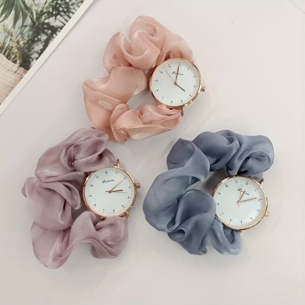 Cute Round Quartz Watch Sparkling Satin Hair Ring Strap Wrist Watch Women Casual Watch