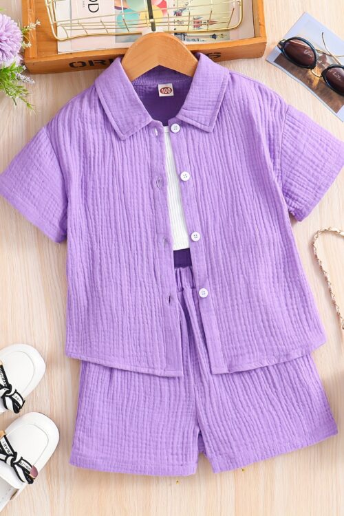 A Three-Piece Set for Girls Consisting of a Solid Color Short-Sleeve Jacket, a Tank Top, And Shorts, Perfect for Casual Outings in Summer, for Outdoor