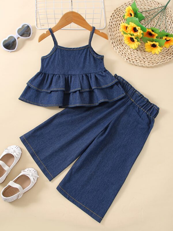 2pcs Girls Denim Ruffled Hem Cami Top & Elastic Waist Wide Leg Jeans Set Kids Summer Outdoor Clothes, Fluid Pant - Image 2