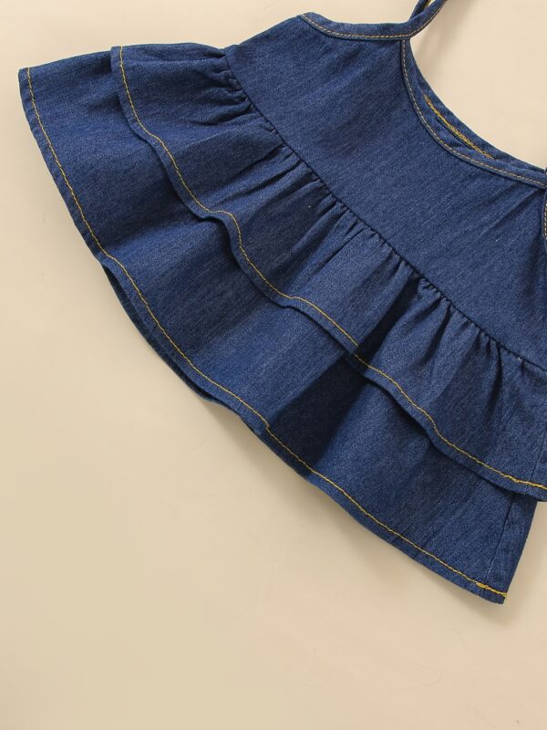 2pcs Girls Denim Ruffled Hem Cami Top & Elastic Waist Wide Leg Jeans Set Kids Summer Outdoor Clothes, Fluid Pant - Image 4