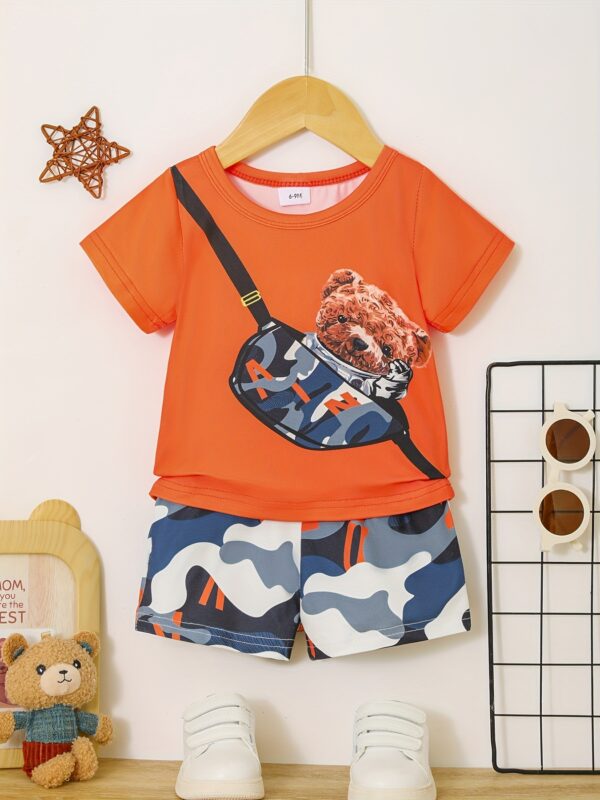 Baby Bear Print Pocket T-Shirt & Plaid Shorts - Image 2