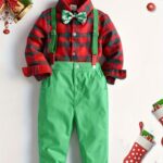 Festive Boys' Christmas Plaid Long-Sleeve Shirt & Maroon Suspender Pants Set - Casual European & American Style, Non-Stretch Polyester, Button-Up Collared Outfit for Fall/Winter, Boy Christmas Outfit - Image 2