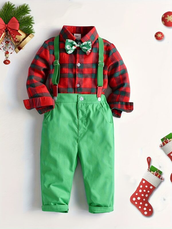 Festive Boys' Christmas Plaid Long-Sleeve Shirt & Maroon Suspender Pants Set - Casual European & American Style, Non-Stretch Polyester, Button-Up Collared Outfit for Fall/Winter, Boy Christmas Outfit - Image 2
