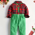 Festive Boys' Christmas Plaid Long-Sleeve Shirt & Maroon Suspender Pants Set - Casual European & American Style, Non-Stretch Polyester, Button-Up Collared Outfit for Fall/Winter, Boy Christmas Outfit - Image 4