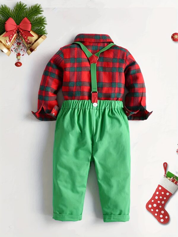 Festive Boys' Christmas Plaid Long-Sleeve Shirt & Maroon Suspender Pants Set - Casual European & American Style, Non-Stretch Polyester, Button-Up Collared Outfit for Fall/Winter, Boy Christmas Outfit - Image 4