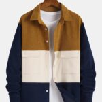 Men's Color Block Casual Jacket with Dual Pockets - Stylish Polyester Blend, Button-Up Shacket for Spring/Fall, Orange/Navy/Beige, Transitional Weather Wear|Color Block Jacket|Dual Pocket Design