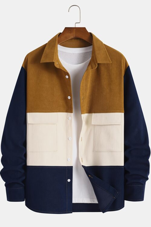 Men’s Color Block Casual Jacket with Dual Pockets – Stylish Polyester Blend, Button-Up Shacket for Spring/Fall, Orange/Navy/Beige, Transitional Weather Wear|Color Block Jacket|Dual Pocket Design