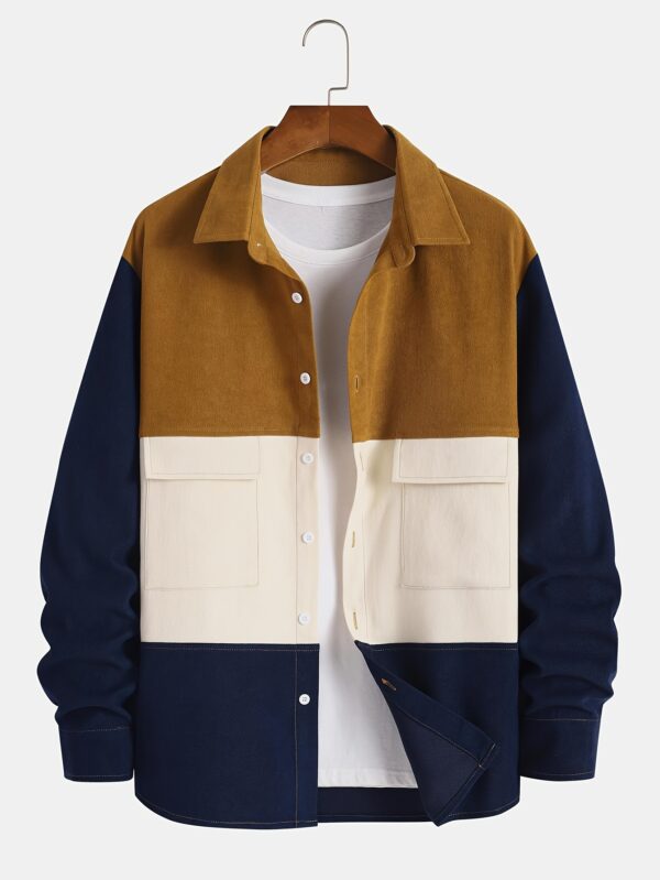 Men's Color Block Casual Jacket with Dual Pockets - Stylish Polyester Blend, Button-Up Shacket for Spring/Fall, Orange/Navy/Beige, Transitional Weather Wear|Color Block Jacket|Dual Pocket Design